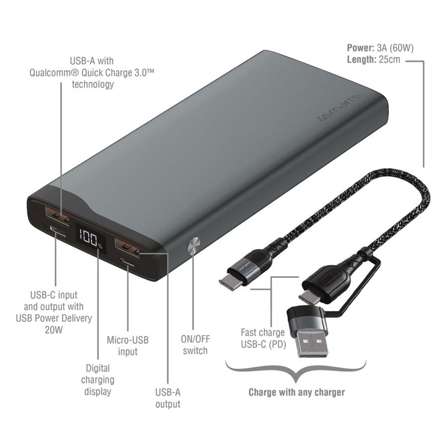 468777 4Smarts Volthub Pro 10.000 Mah Powerbank, 22.5W USB C PD Og QC 3.0, Gunmetal 5