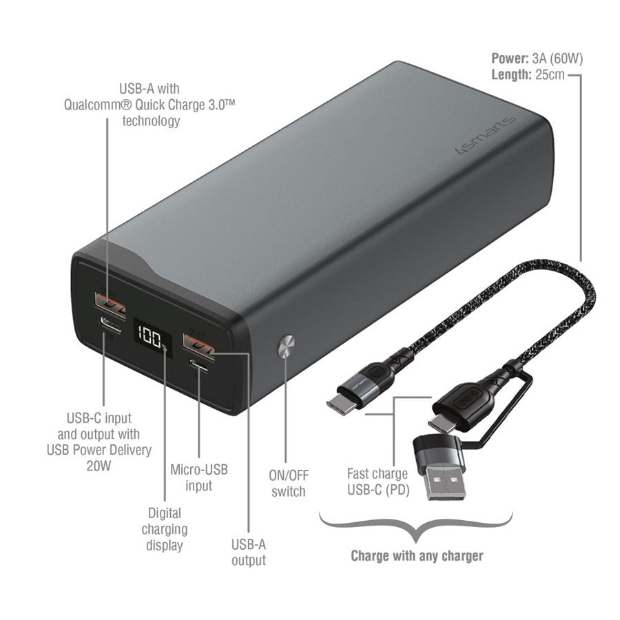 468779 4Smarts Volthub Pro 26.800 Mah Powerbank, 22.5W USB C PD Og QC 3.0, Gunmetal 2