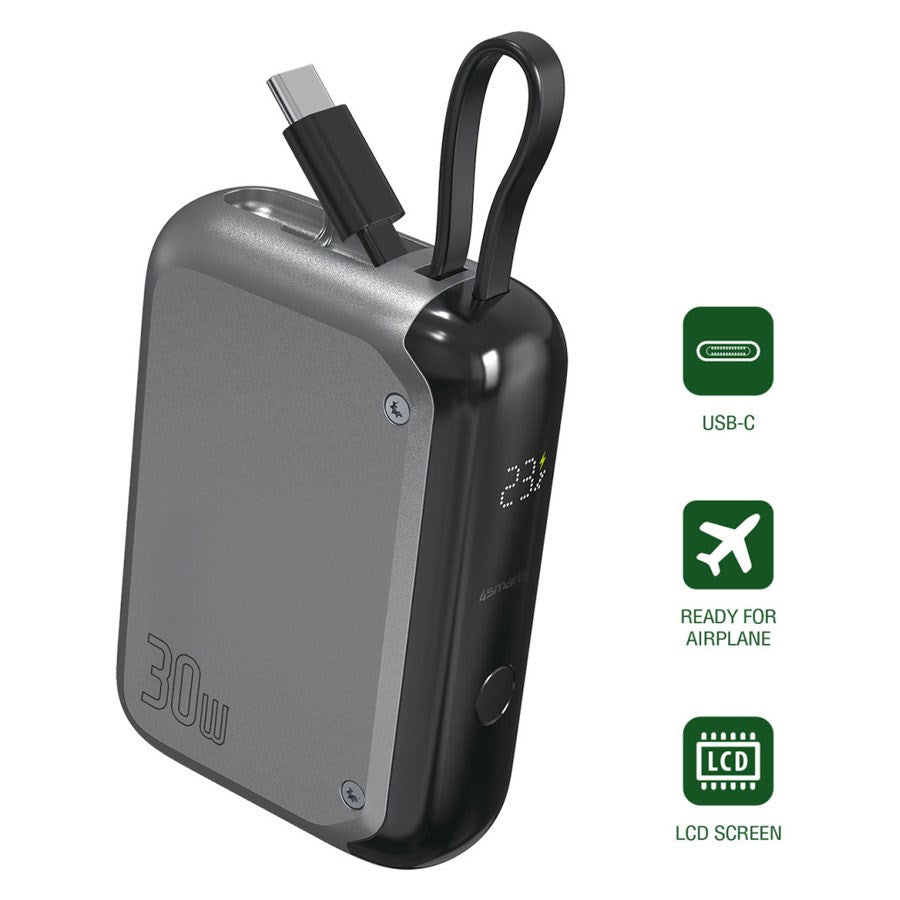 540699 4Smarts Pocket 10.000 Mah Powerbank, 30W USB C, Integreret Kabel, Space Gray 1