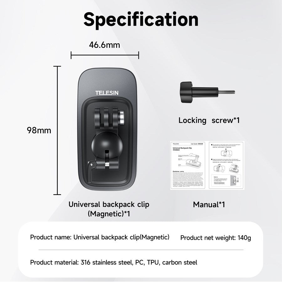 GP JFM 009 Telesin Magnetic And 360 Rotary Backpack Clip Mount For Action Cameras 10