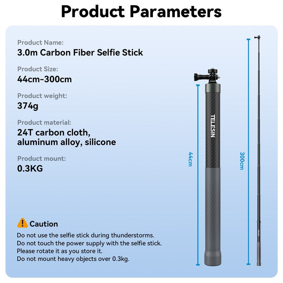 GP MNP 300 3 Telesin Third Generation 3.0M Carbon Fiber Selfie Stick For Action Cameras 10