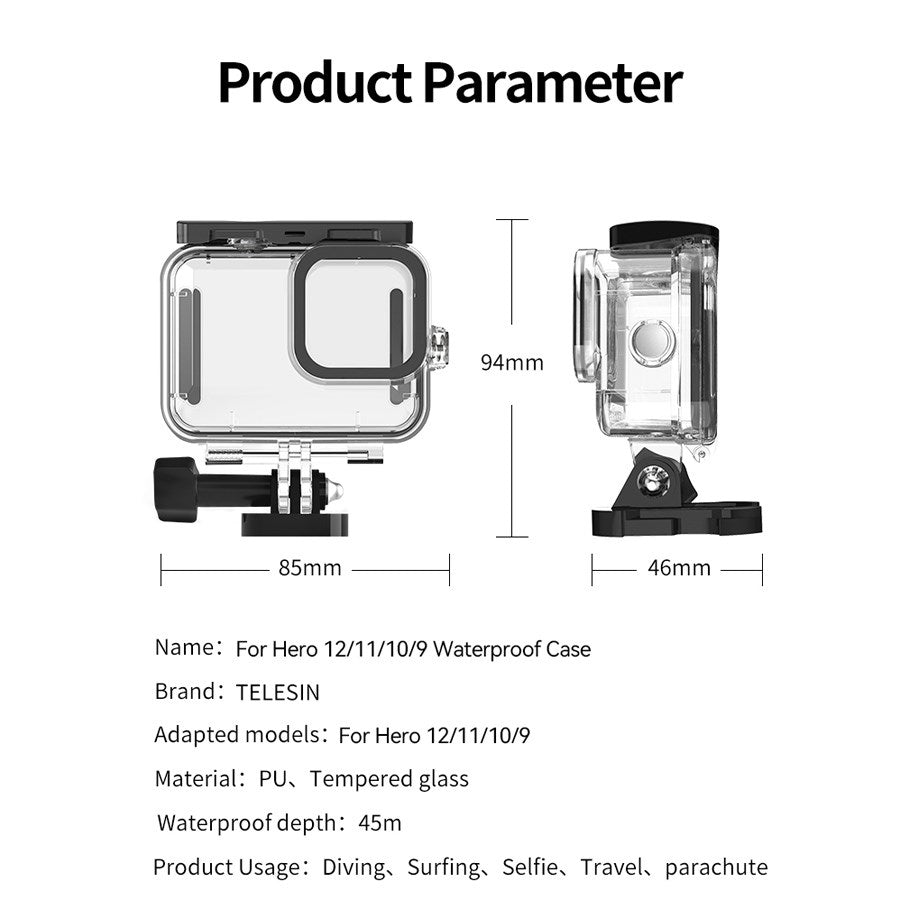 GP WTP 901 Telesin 45M Waterproof Case For Gopro Hero 13 12 11 10 9 8