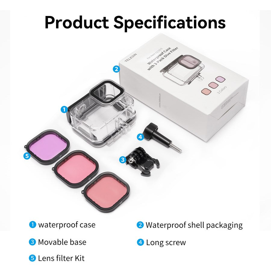 GP WTP 904 Telesin 45M Waterproof Case Diving Lens Kit Purple Red Magenta Gopro Hero 13 12 11 10 9 7