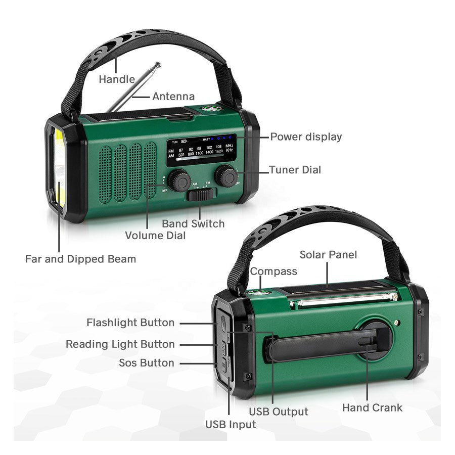 LPFMR03 Lippa FM Nødradio, Håndsving, Solcellepanel, Kompas, 10.000 Mah Powerbank, Grøn 5