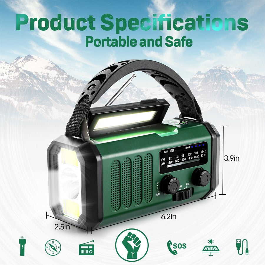LPFMR03 Lippa FM Nødradio, Håndsving, Solcellepanel, Kompas, 10.000 Mah Powerbank, Grøn 7