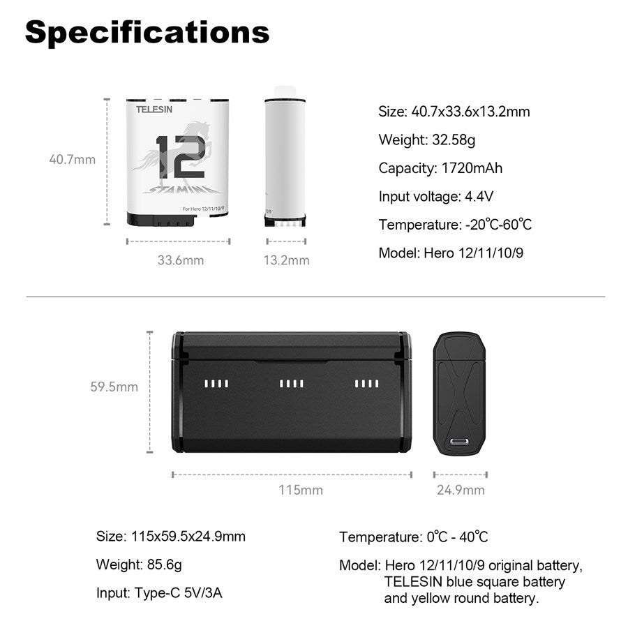S0 ECB 01 TGP Telesin Pocket Size 3 Slot Charger Box 2Pcs Stamina Battery Kit Gopro Hero9 10 11 12 Batteries 10