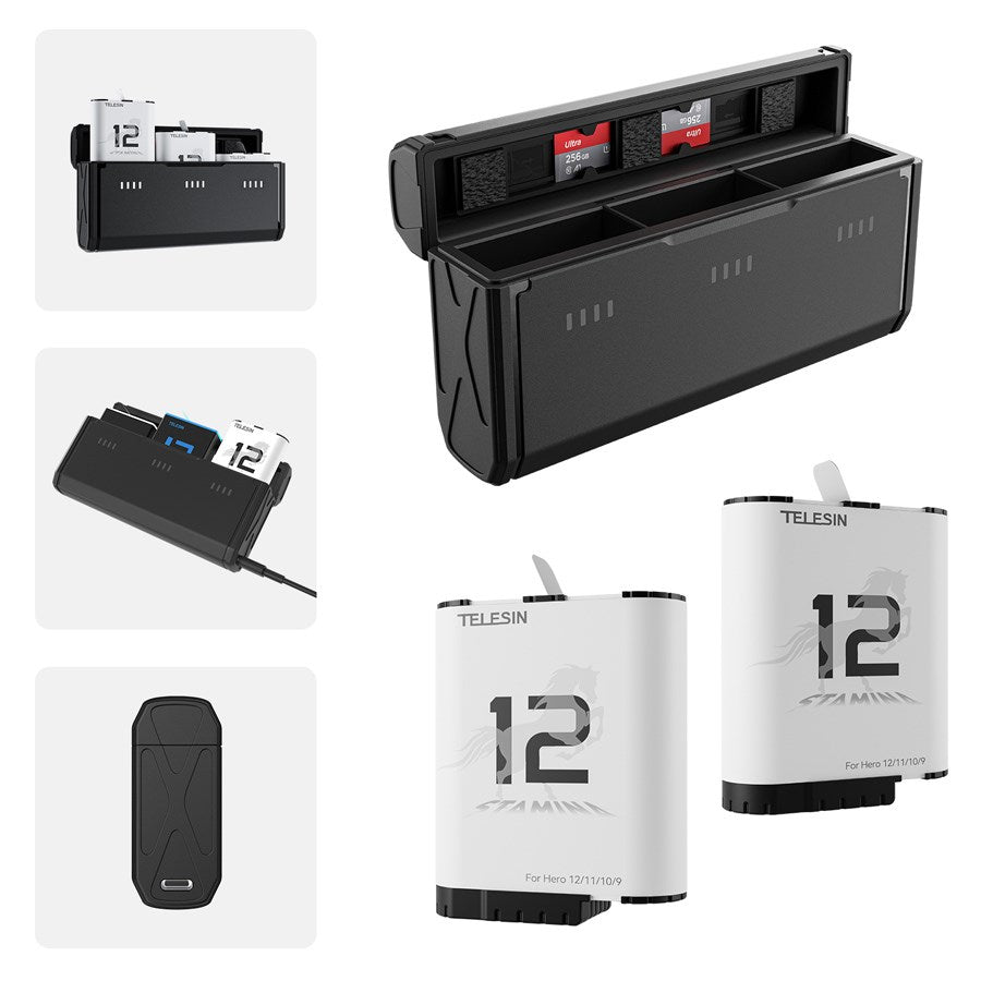 S0 ECB 01 TGP Telesin Pocket Size 3 Slot Charger Box 2Pcs Stamina Battery Kit Gopro Hero9 10 11 12 Batteries 2