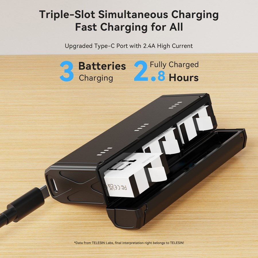 S0 ECB 09 TGP Telesin Pocket Size 3 Slot Charger Box 2Pcs Stamina Battery Kit Gopro Hero 13 Batteries 3