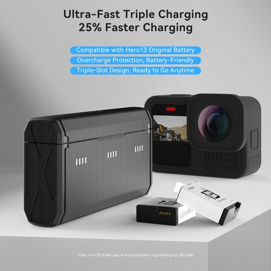 S0 ECB 09 TGP Telesin Pocket Size 3 Slot Charger Box 2Pcs Stamina Battery Kit Gopro Hero 13 Batteries 7
