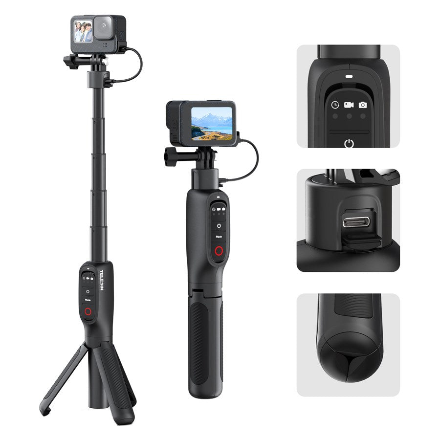 S1 CSS 01 TGP Telesin Shorty Rechargeable Remote Control Tripod Selfie Stick Hero 13 12 11 10 9 Max 2