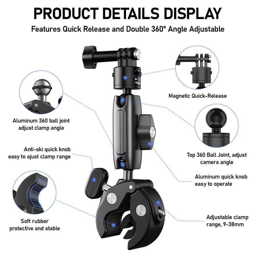 S3 HBM 01 Telesin Crab Claw Clamp Mount With Quick Release For Action Camera(Aluminum Alloy Pea Clip) 9