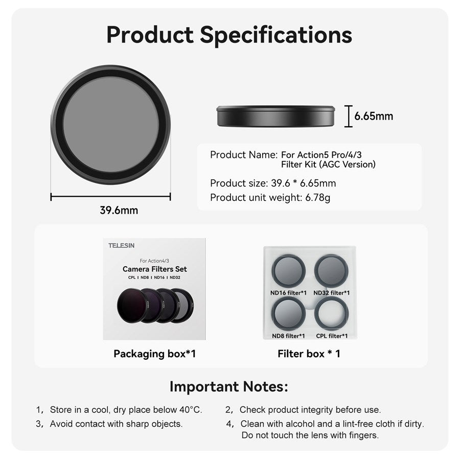S5 FLT 06 TDJ Telesin 4 Pack CPL+ND8 16 32 Lens Filter Kit For DJI Osmo Action 3 4 5Pro 9