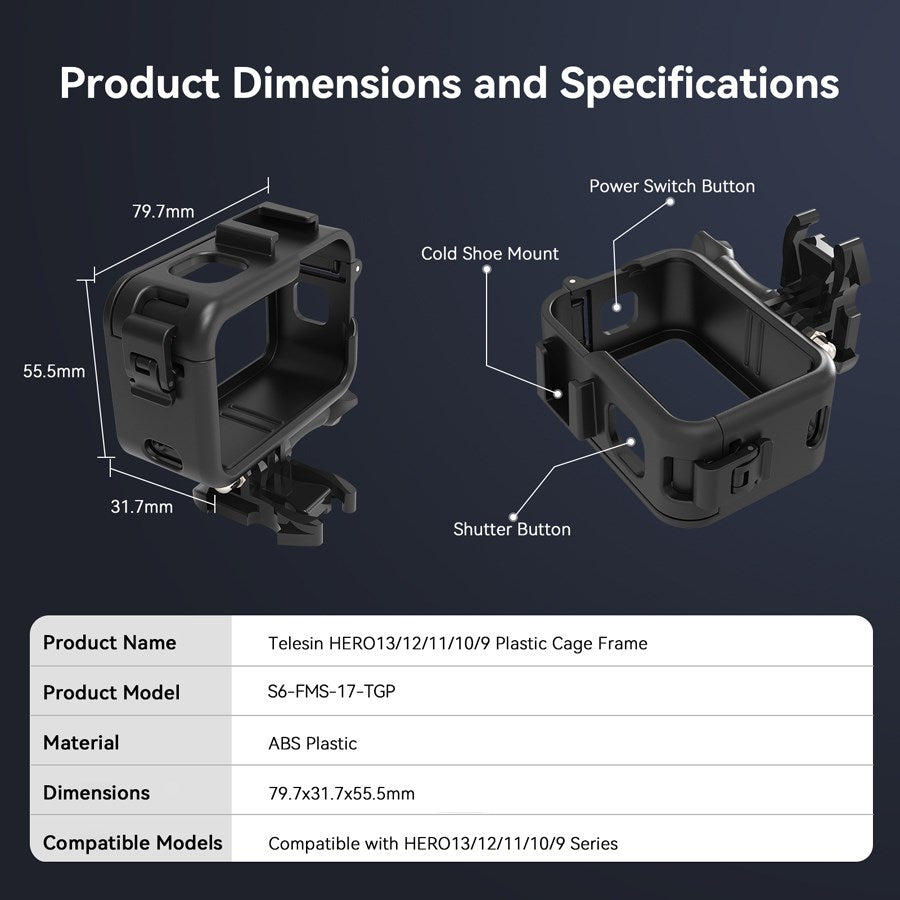 S6 FMS 17 TGP Telesin Plastic Frame Cage For Gopro Hero 13 12 11 10 9 8