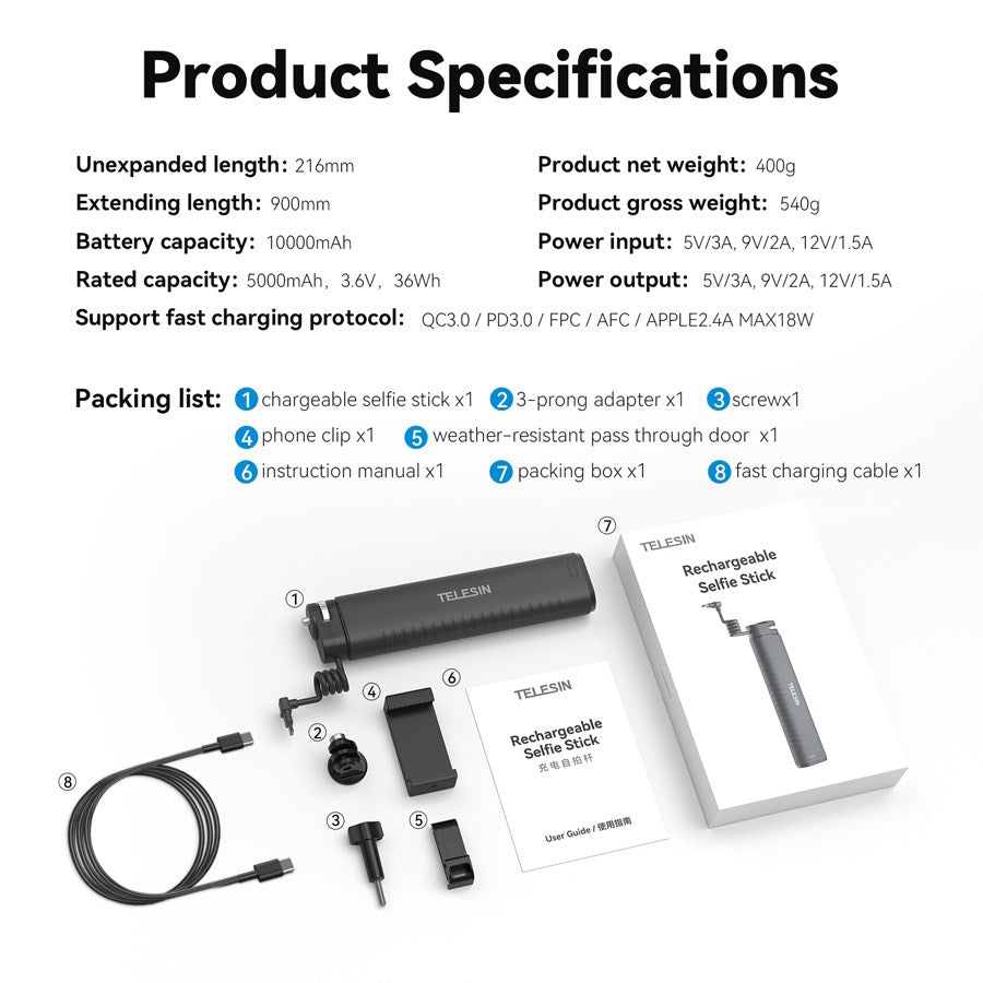 TE CSS 001 Telesin Rechargeable 0.9M Selfie Stick For Gopro Mobilephone Etc. 10