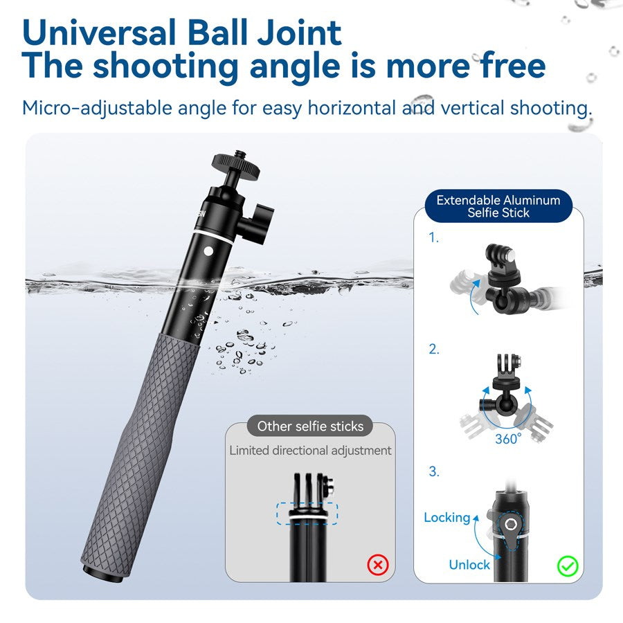 WSS 001 Telesin Aluminium Alloy Waterproof Ball Head Selfie Stick For Action Cameras 7