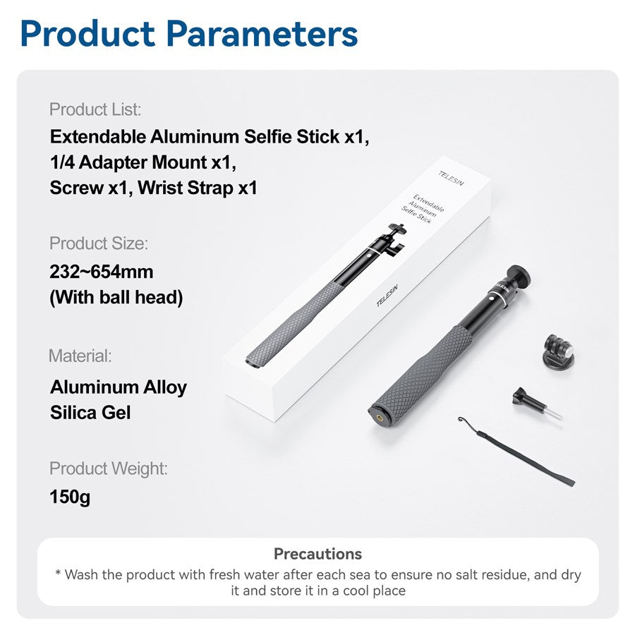 WSS 001 Telesin Aluminium Alloy Waterproof Ball Head Selfie Stick For Action Cameras 9