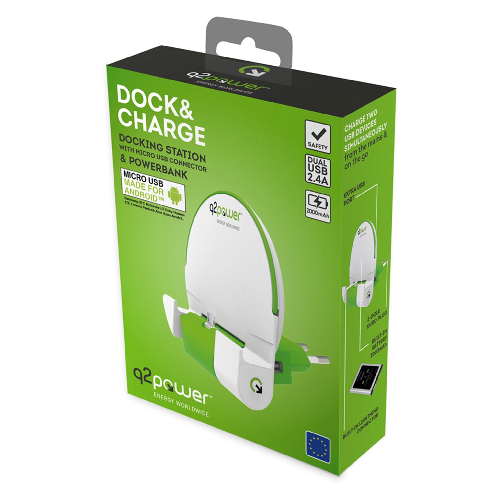 Q2power 3.200110 Power Dock And Charge 2000 Mah Powerbank Vægoplader Med Micro Usb 3